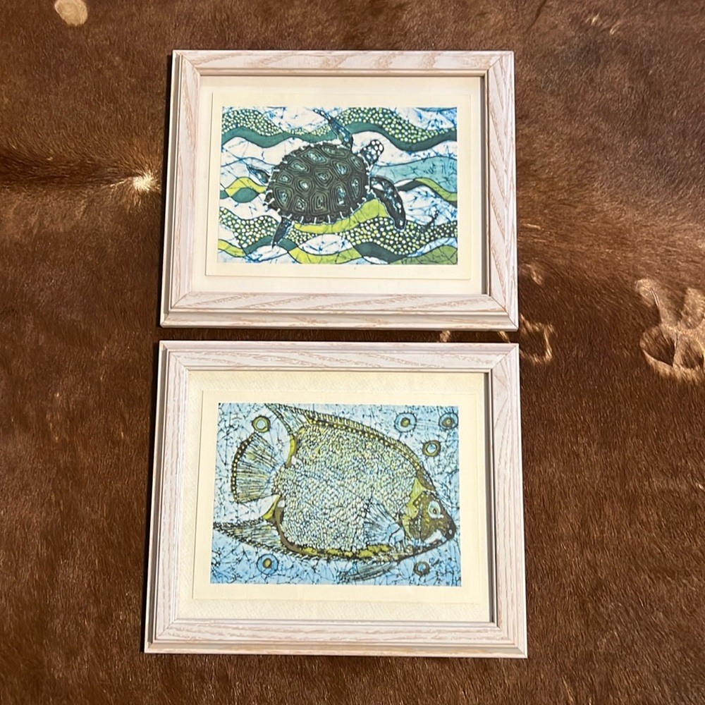 Luiz Mendes Batik of Rio de Janiero Art, fish and a turtle.